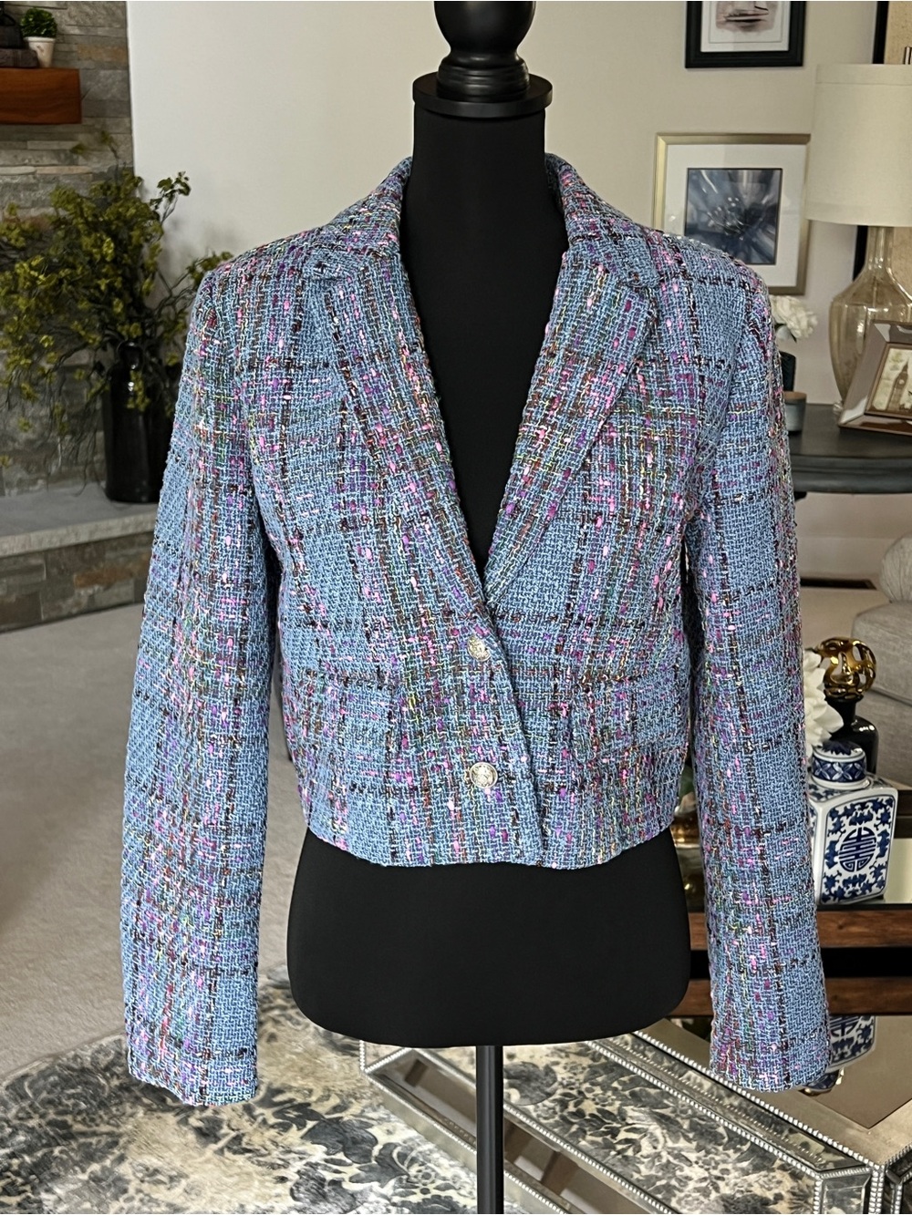 Steve Madden Light Blue Cropped Tweed Blazer with Multicolor Thread